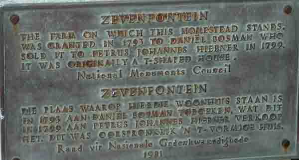 Zevenwacht Manor Houseplaque 